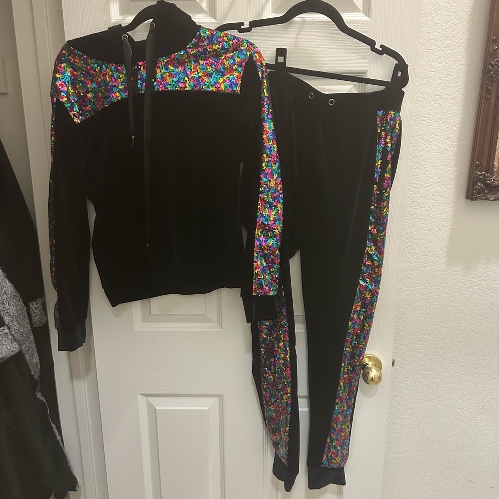 Black velvet rhinestone, sequin sweatshirt, and pants set new